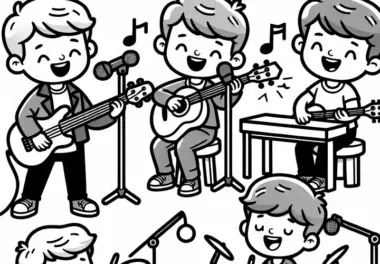 Sänger bei Probe mit Band – Ausmalbild kostenlos