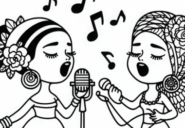 Sängerinnen bei musikalischen Improvisationen – Malvorlage kostenlos