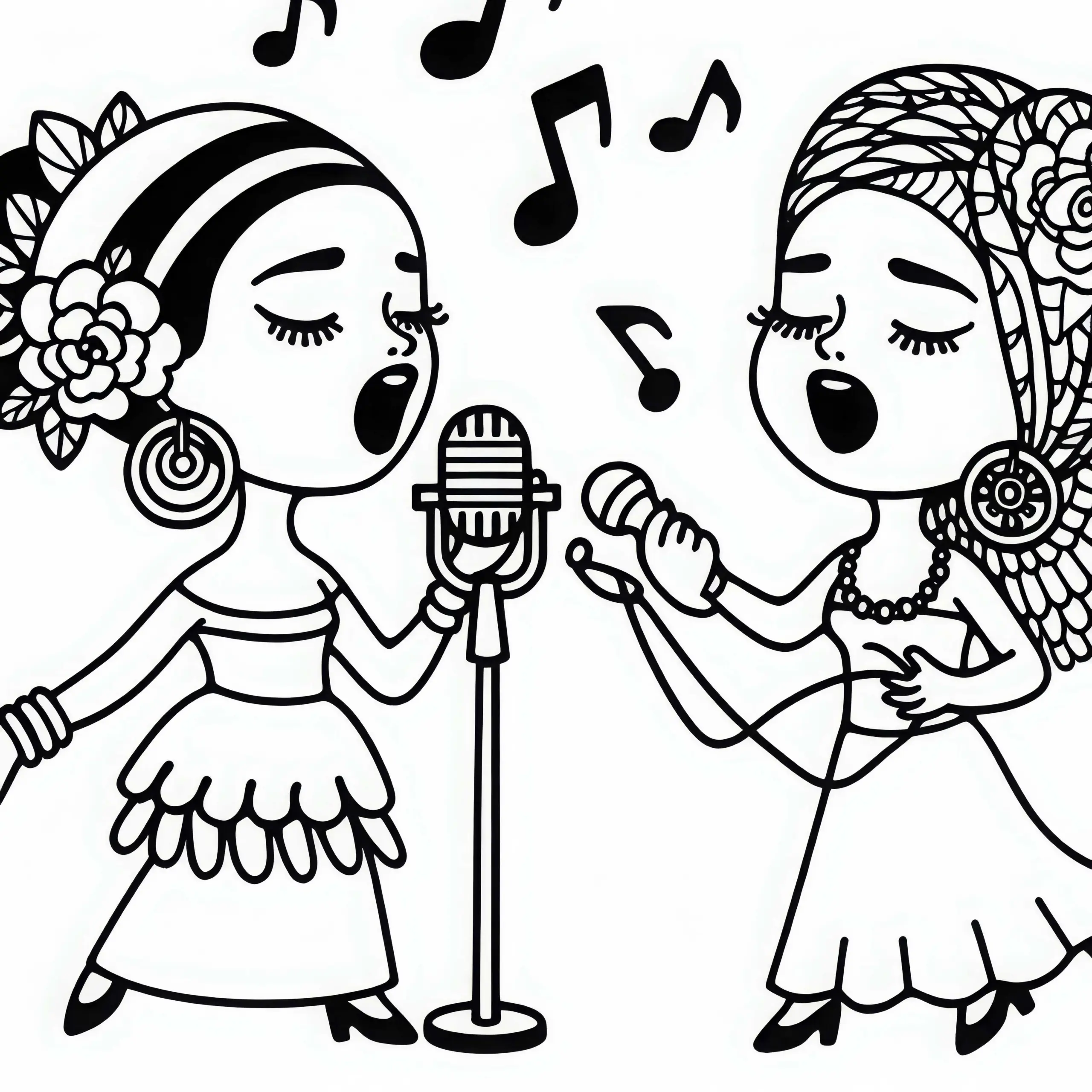 Sängerinnen bei musikalischen Improvisationen – Malvorlage kostenlos (Ausmalbild)