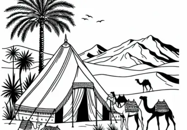 Ausmalbild von Dromedaren und Nomadenzelt in der Sahara – Kostenloses Motiv aus Afrika
