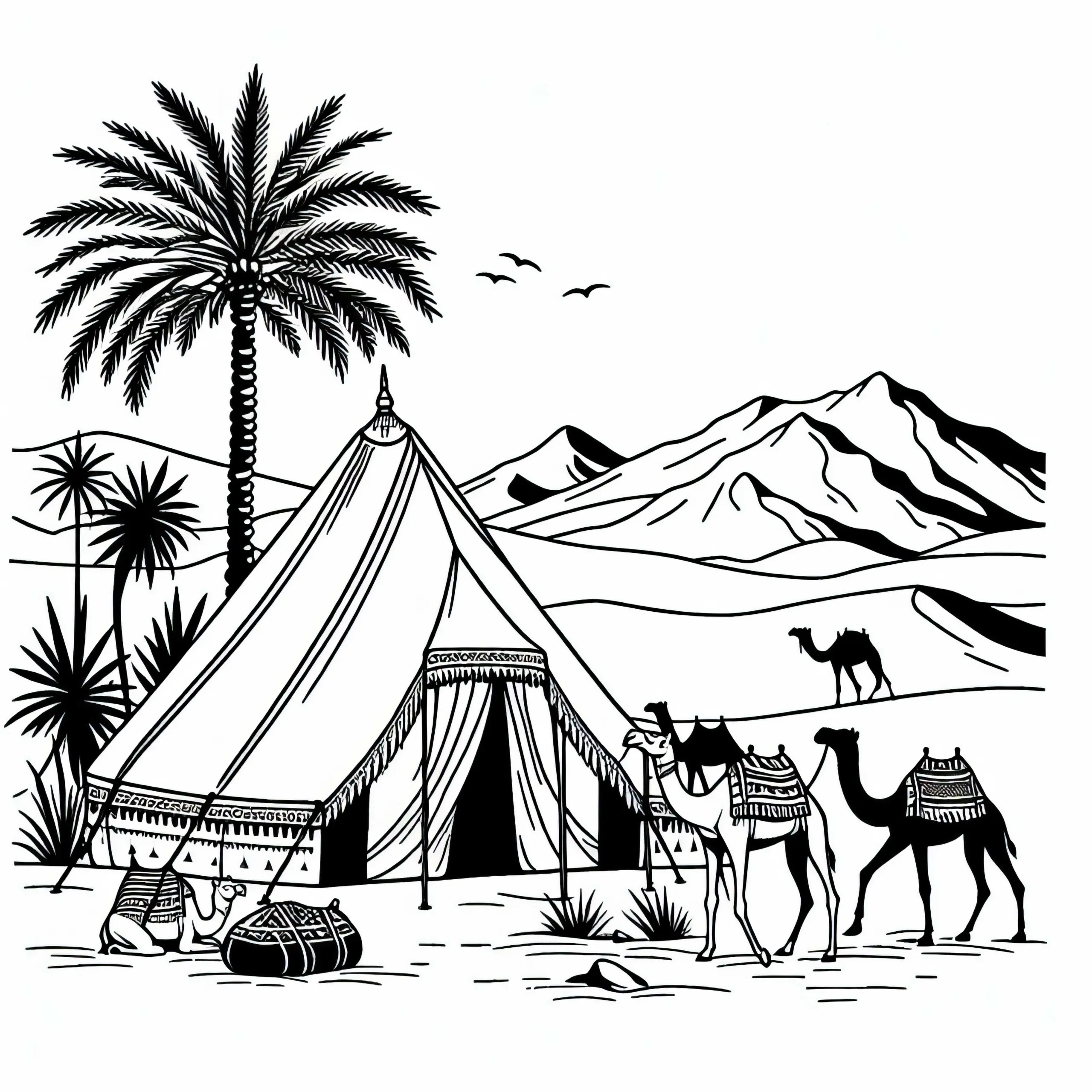 Ausmalbild von Dromedaren und Nomadenzelt in der Sahara – Kostenloses Motiv aus Afrika