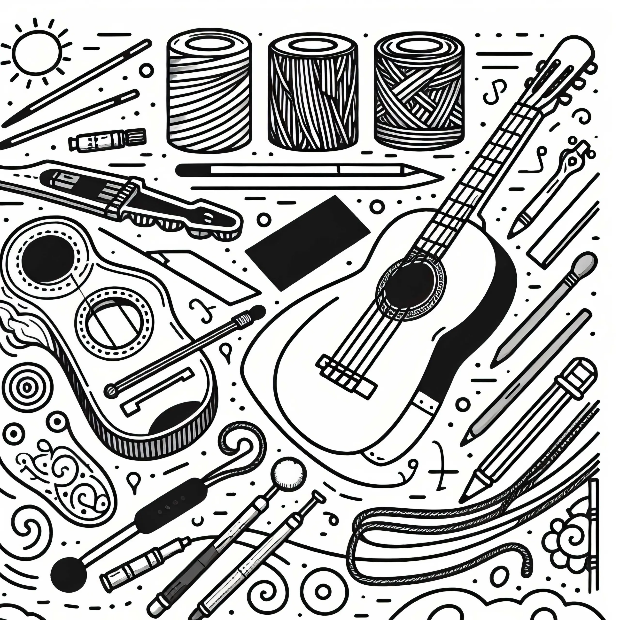 Hochwertige Ausmalvorlage für Saiten von Gitarre und Ukulele sowie Zubehöre (Ausmalbild)