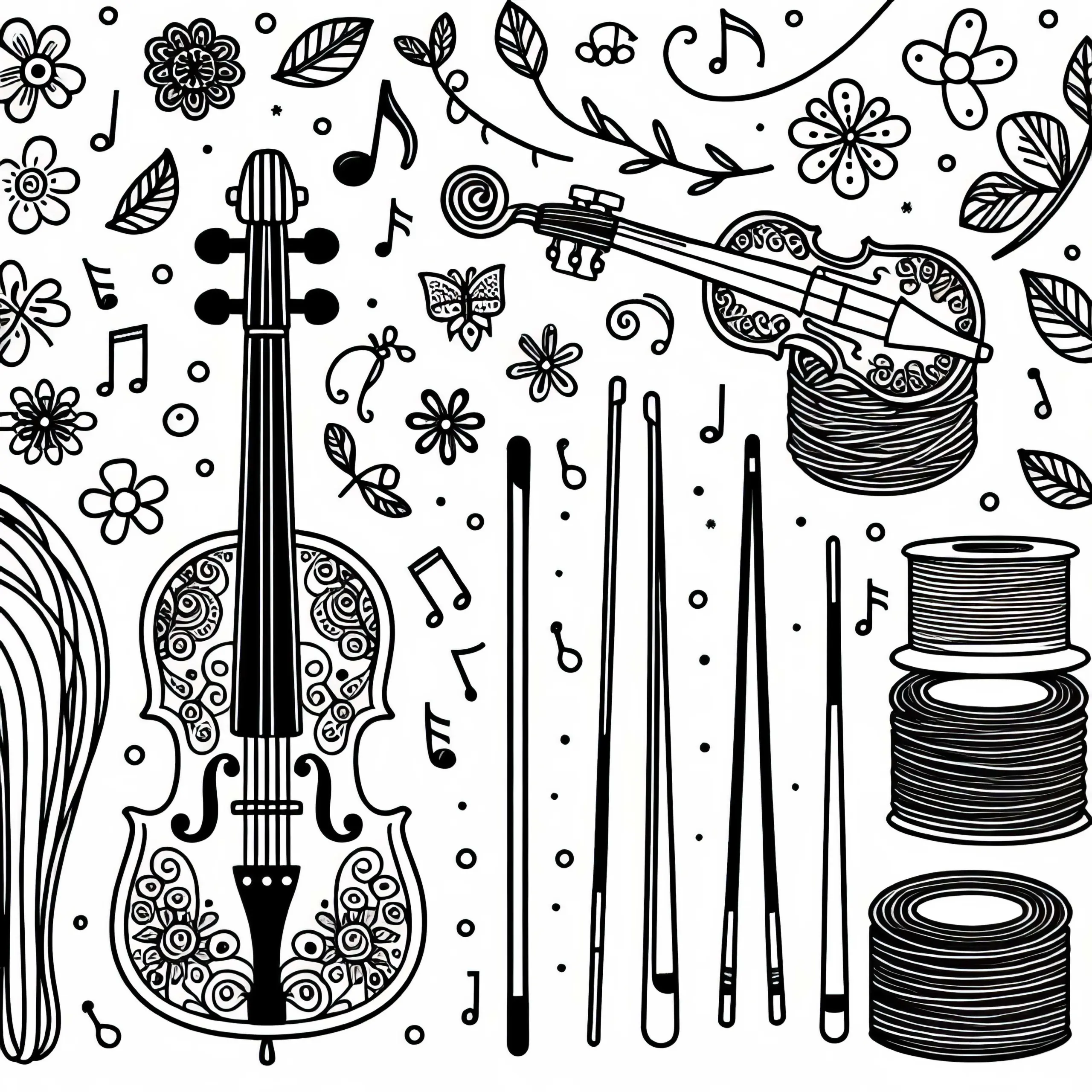 Ausmalbild für Violine, Cello und andere Streichinstrumente