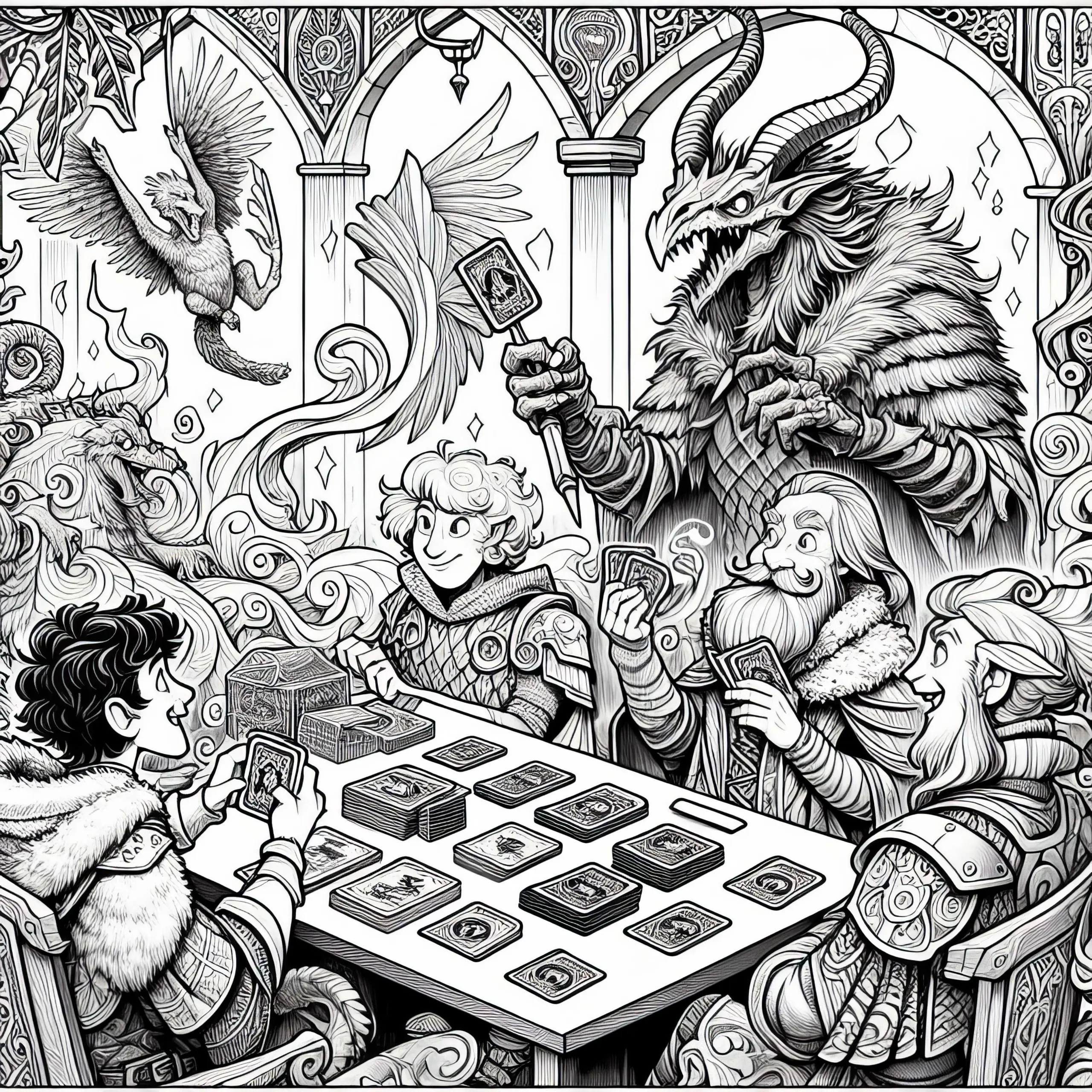 Sammelkartenspiel Turnier mit Fantasiefiguren Malvorlage für Jungs ab zwölf – Gratis (Ausmalbild)