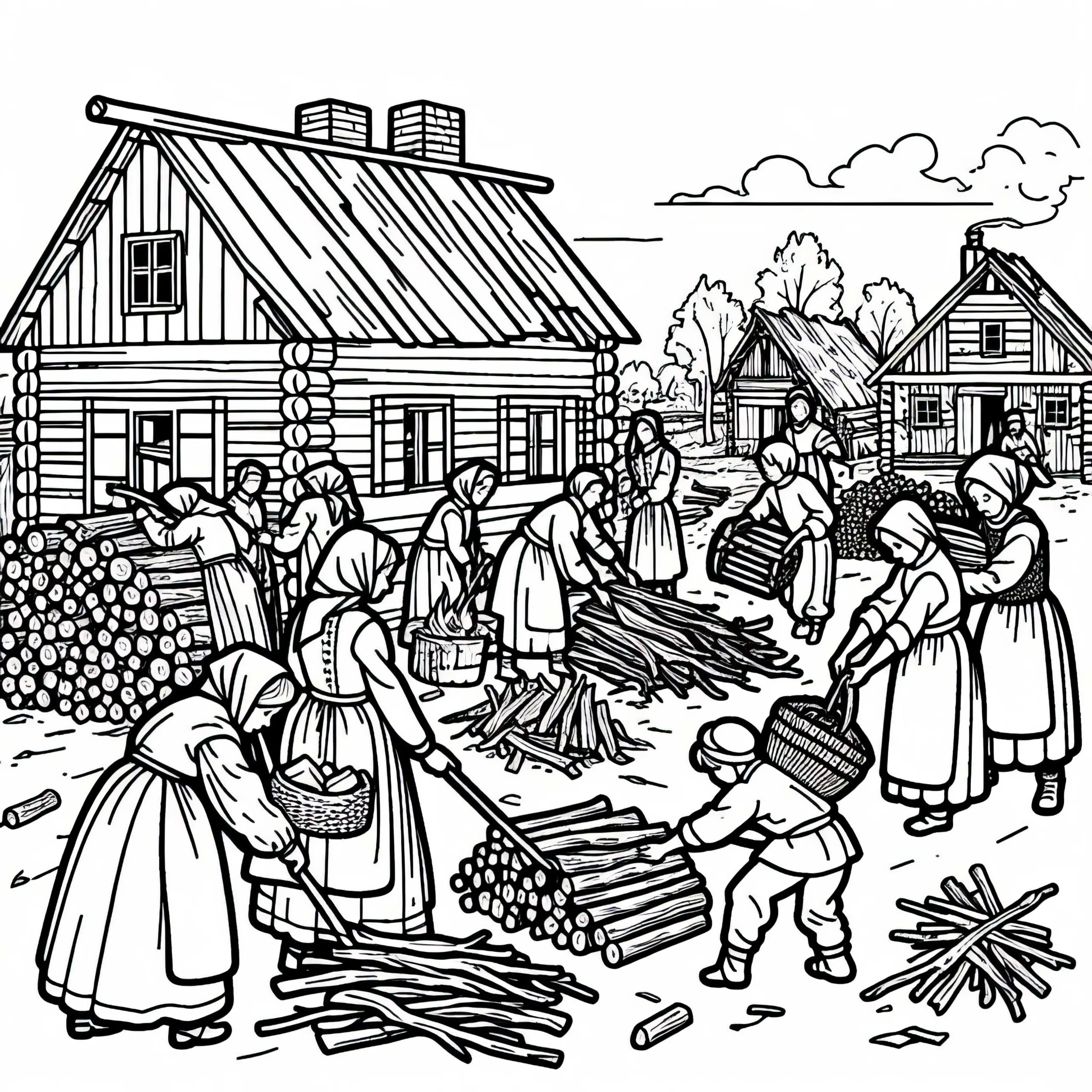 Sammeln von Holz in einem zerstörten Dorf aus der Zeit des dreißigjährigen Krieges – Kostenlose Malvorlage (Ausmalbild)