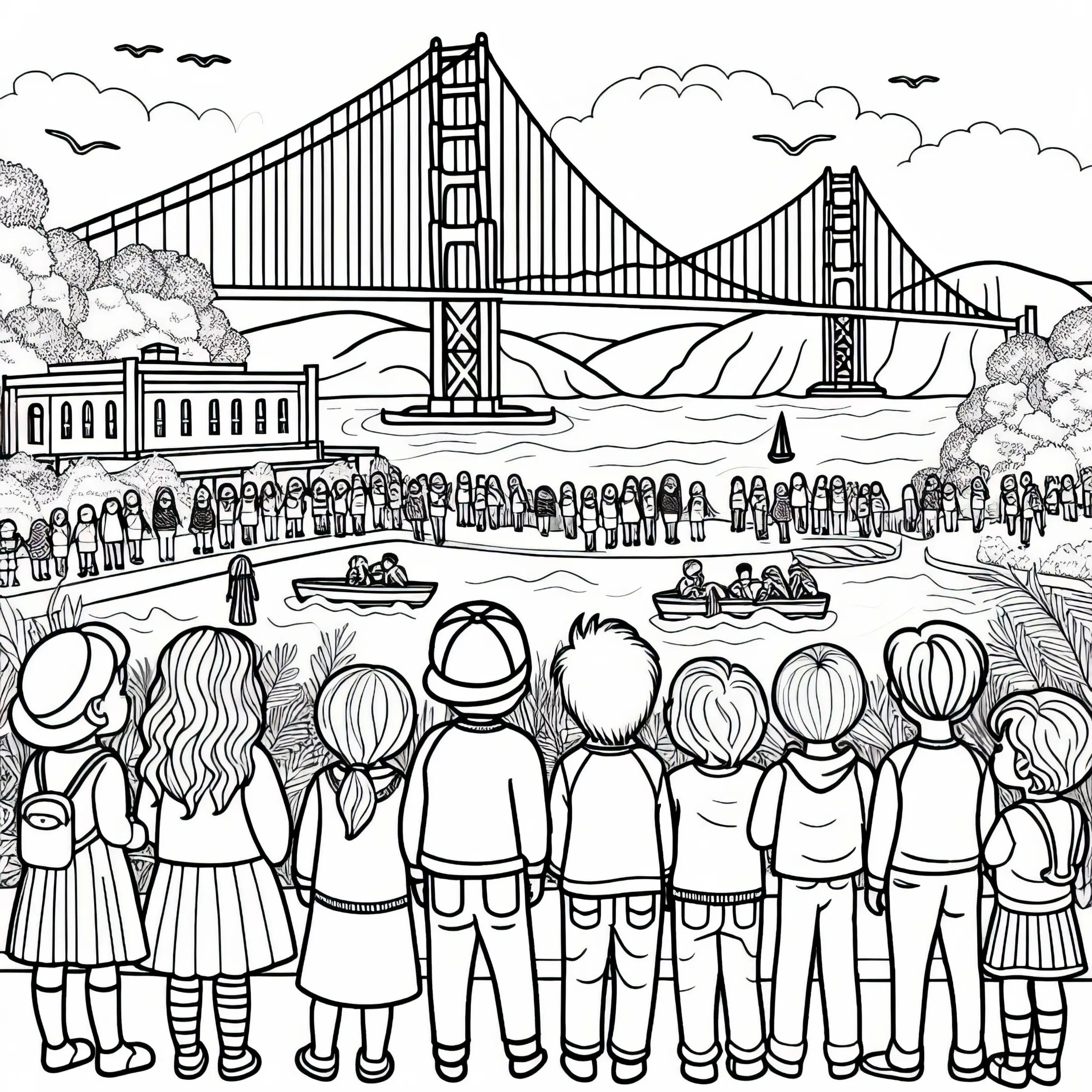 Kinder betrachten die Golden Gate Bridge – Ausmalbild gratis