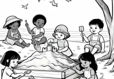 Sandkasten mit spielenden Kindern – Ausmalbild kostenlos