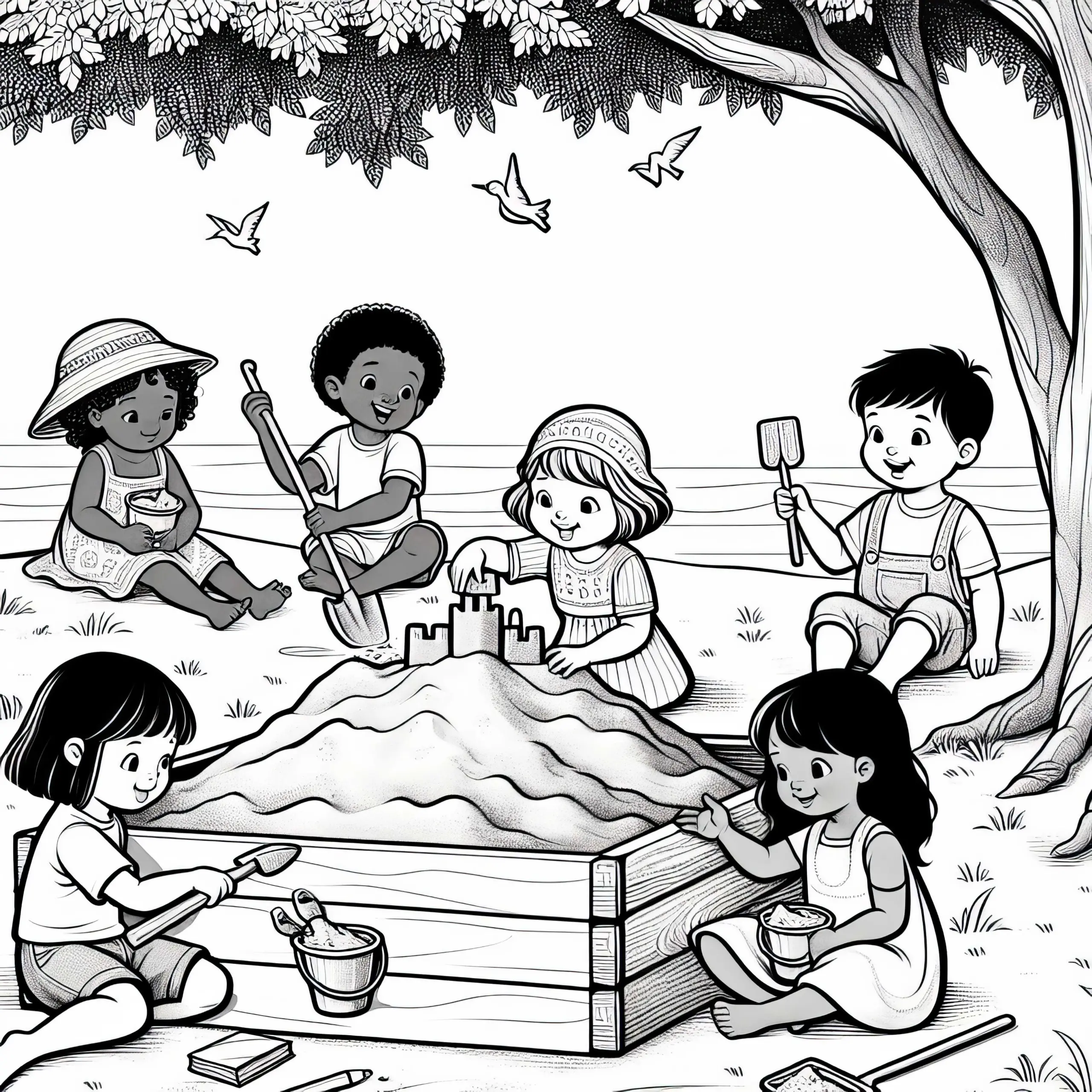 Sandkasten mit spielenden Kindern – Ausmalbild kostenlos