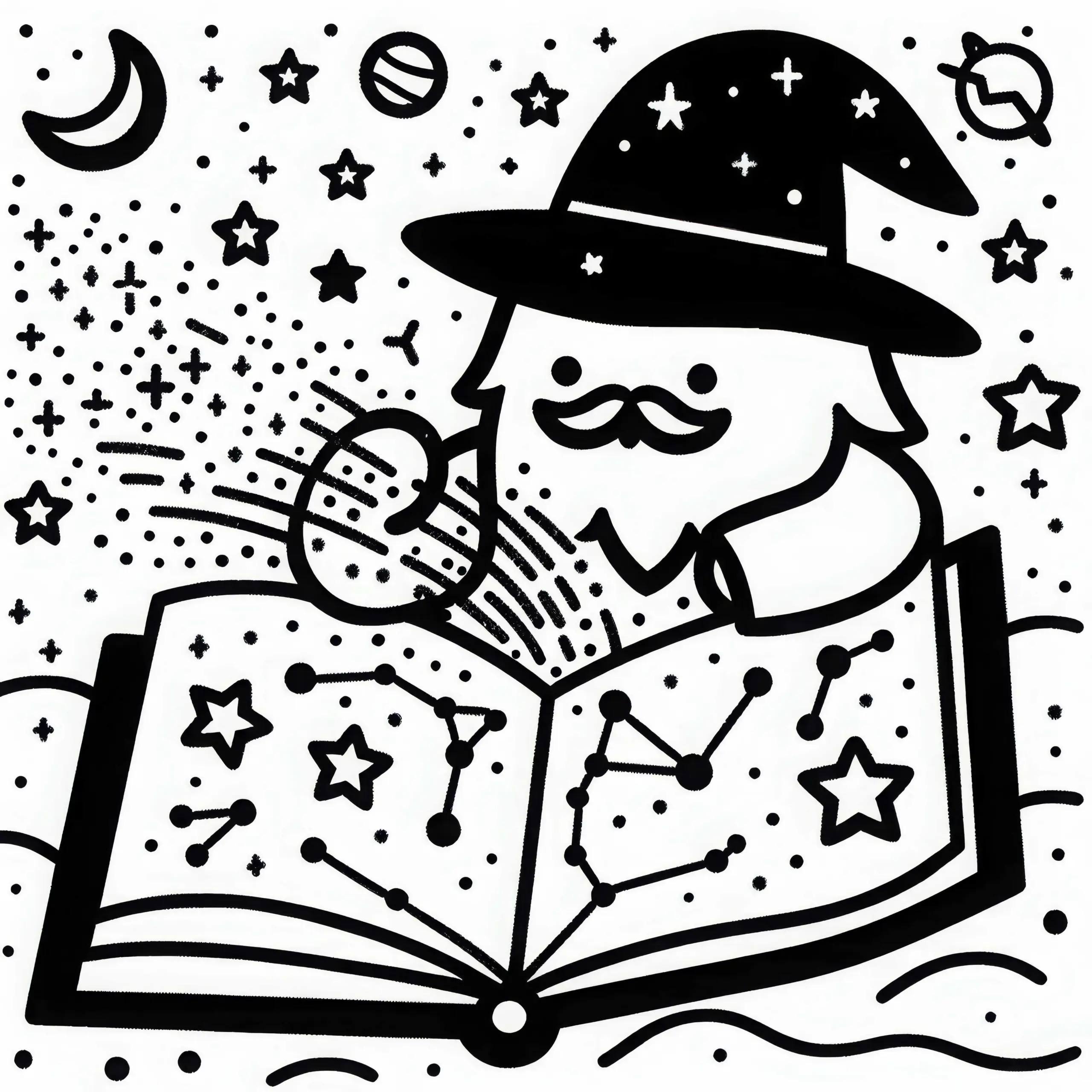 Sandmann öffnet Buch mit Sternbildern: Einfache Malvorlage (Gratis) (Ausmalbild)