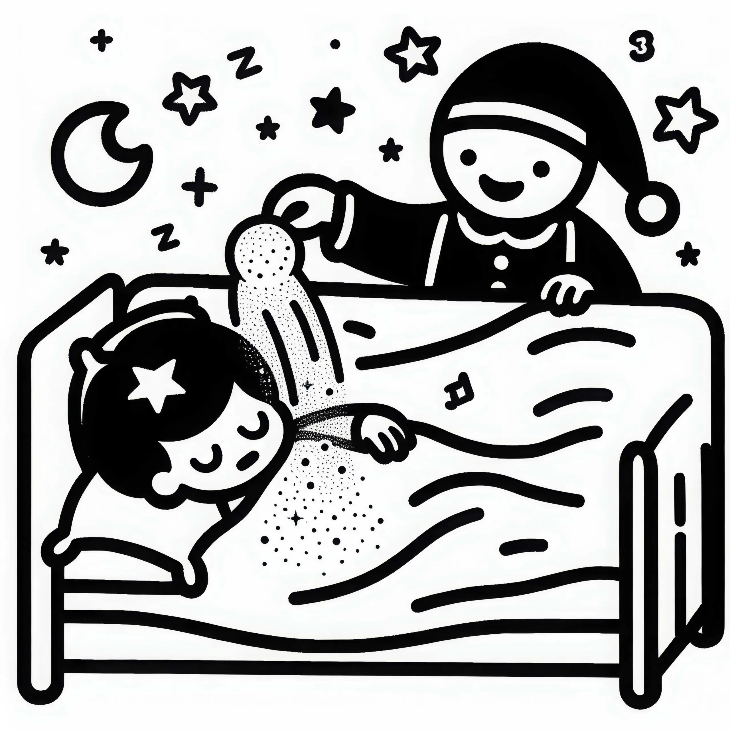 Sandmann streut magischen Schlafsand über schlafendes Kind: Einfache Malvorlage (Kostenlos) (Ausmalbild)