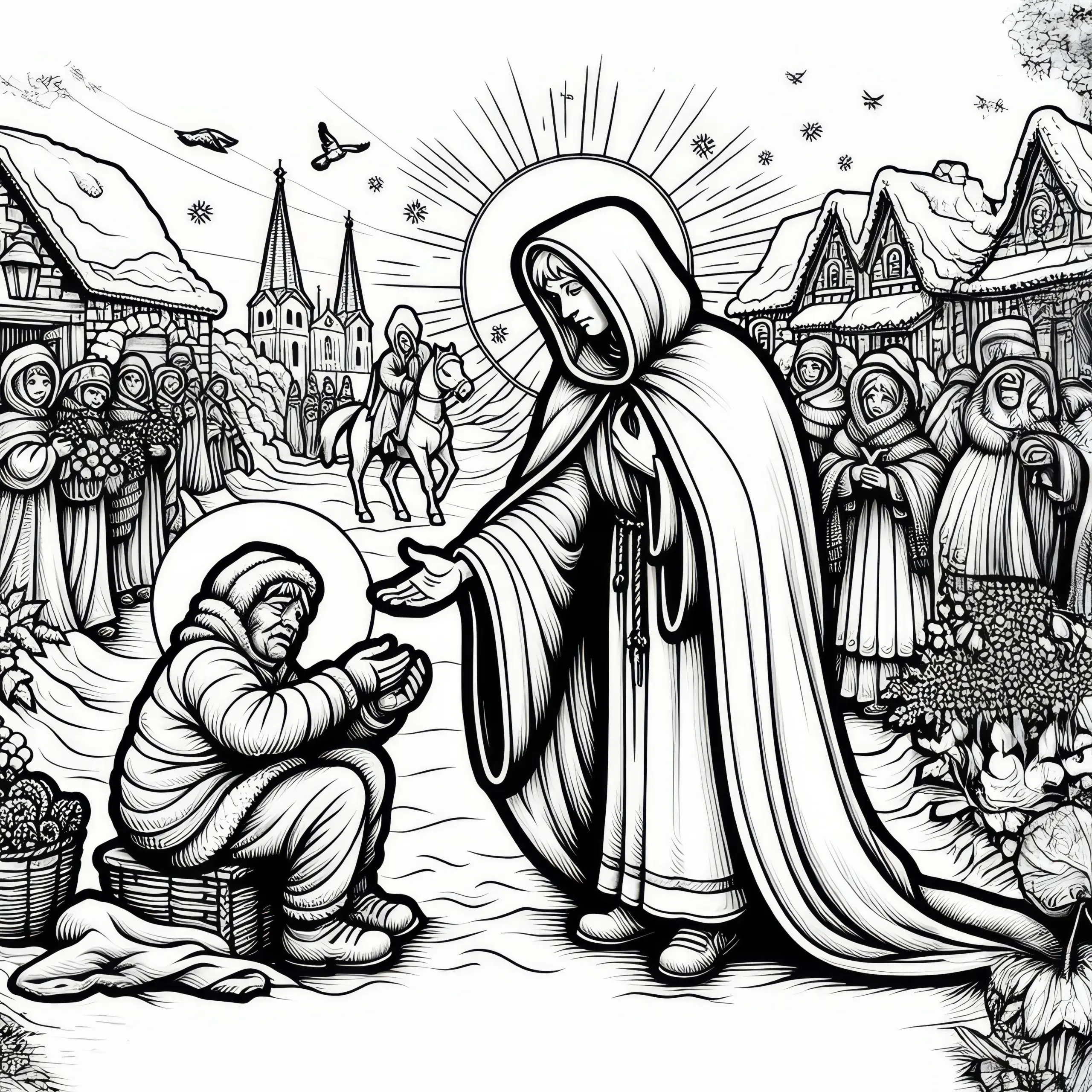 Sankt Martin und der armer Mann zum Martinsfest als Malvorlage (Gratis) (Ausmalbild)