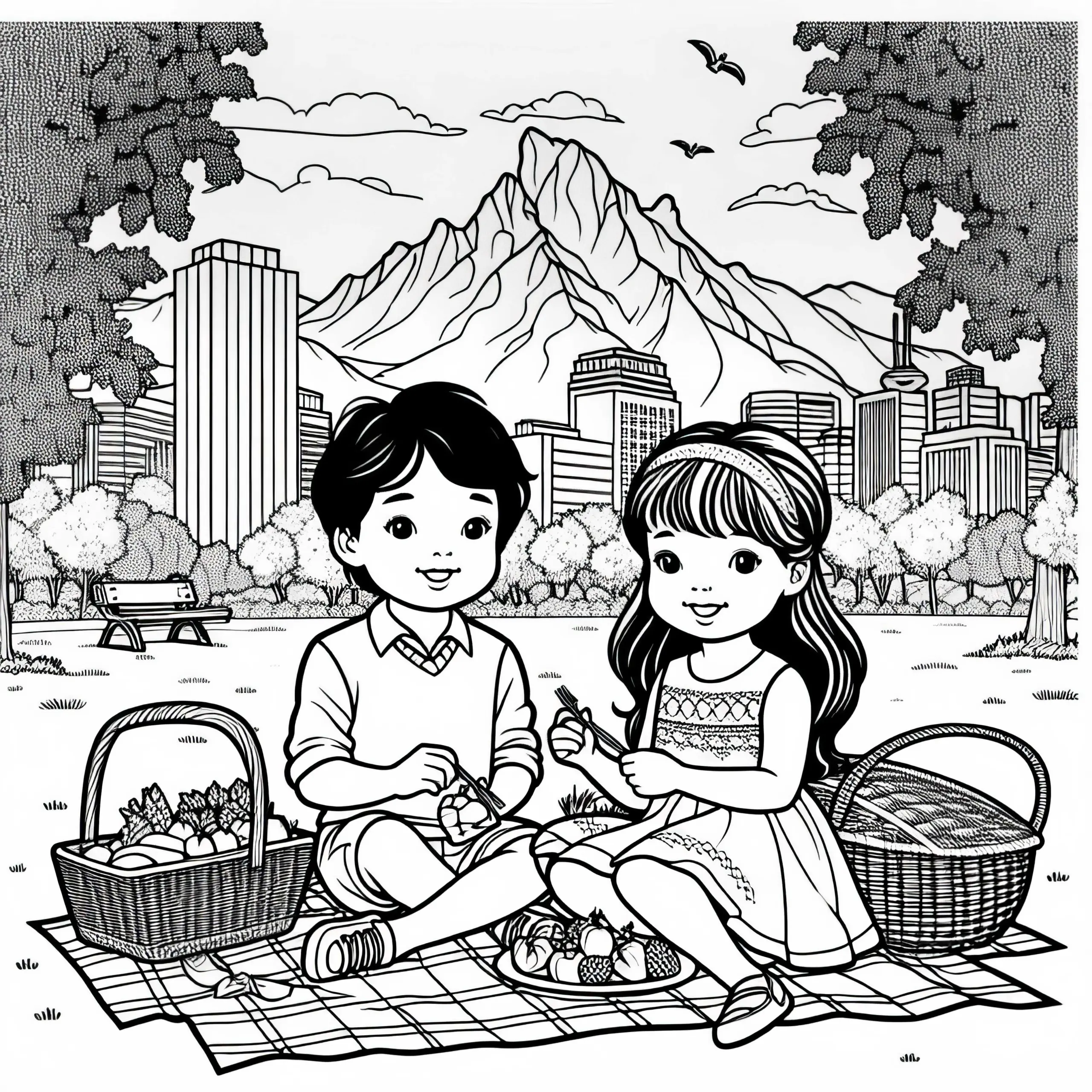 Santiago de Chile: Kinder picknicken im Stadtpark mit Blick auf die Anden – Ausmalbild kostenlos