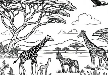 Savanne mit Giraffen, Zebras und Akazienbäumen – Malvorlage Afrika kostenlos