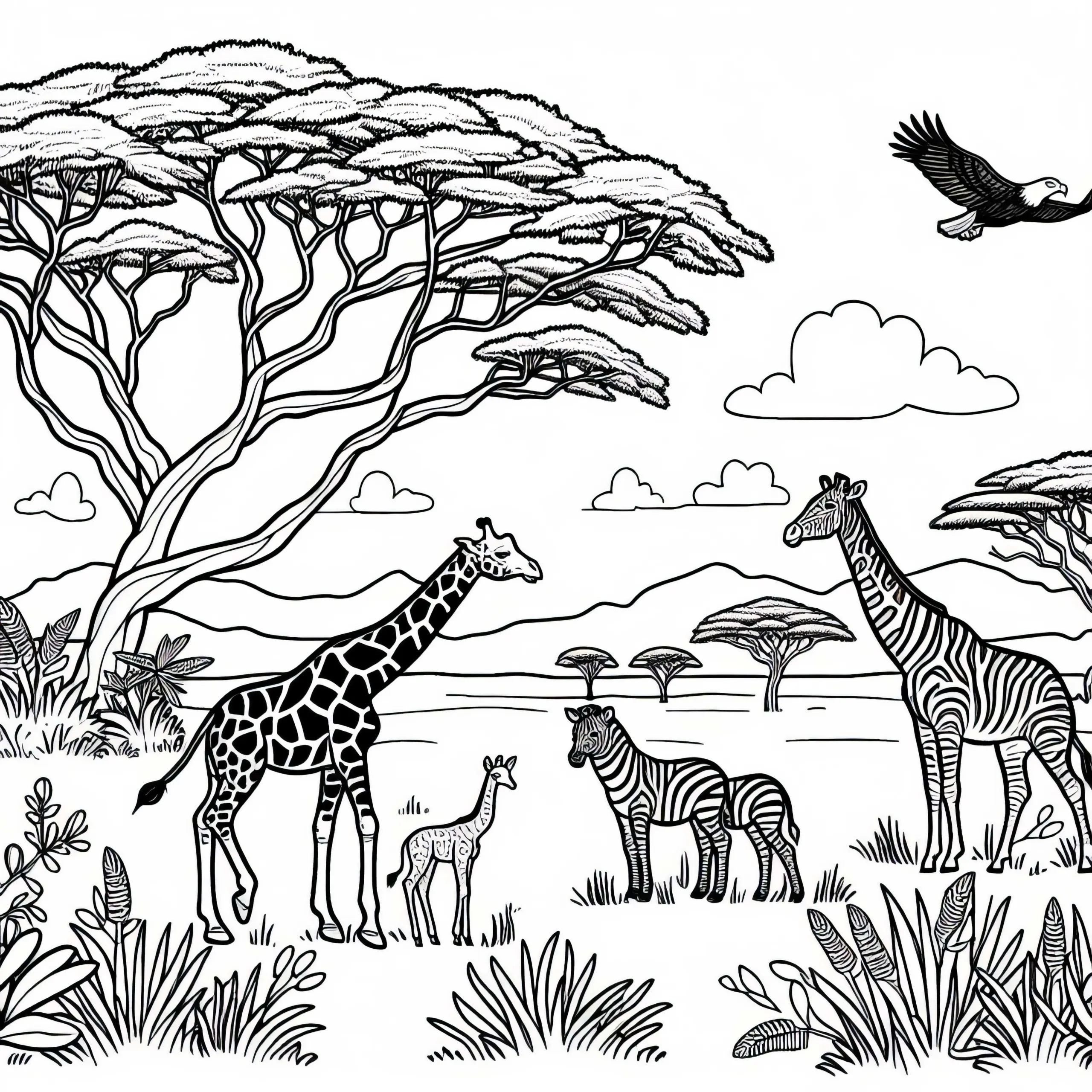 Savanne mit Giraffen, Zebras und Akazienbäumen – Malvorlage Afrika kostenlos (Ausmalbild)