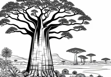 Savannenlandschaft mit Baobab-Bäumen – Ausmalbild zum Gratis-Download