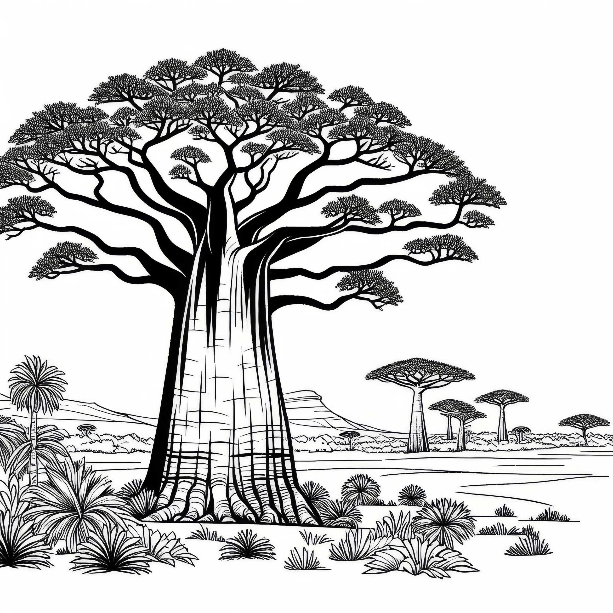 Savannenlandschaft mit Baobab-Bäumen – Ausmalbild zum Gratis-Download