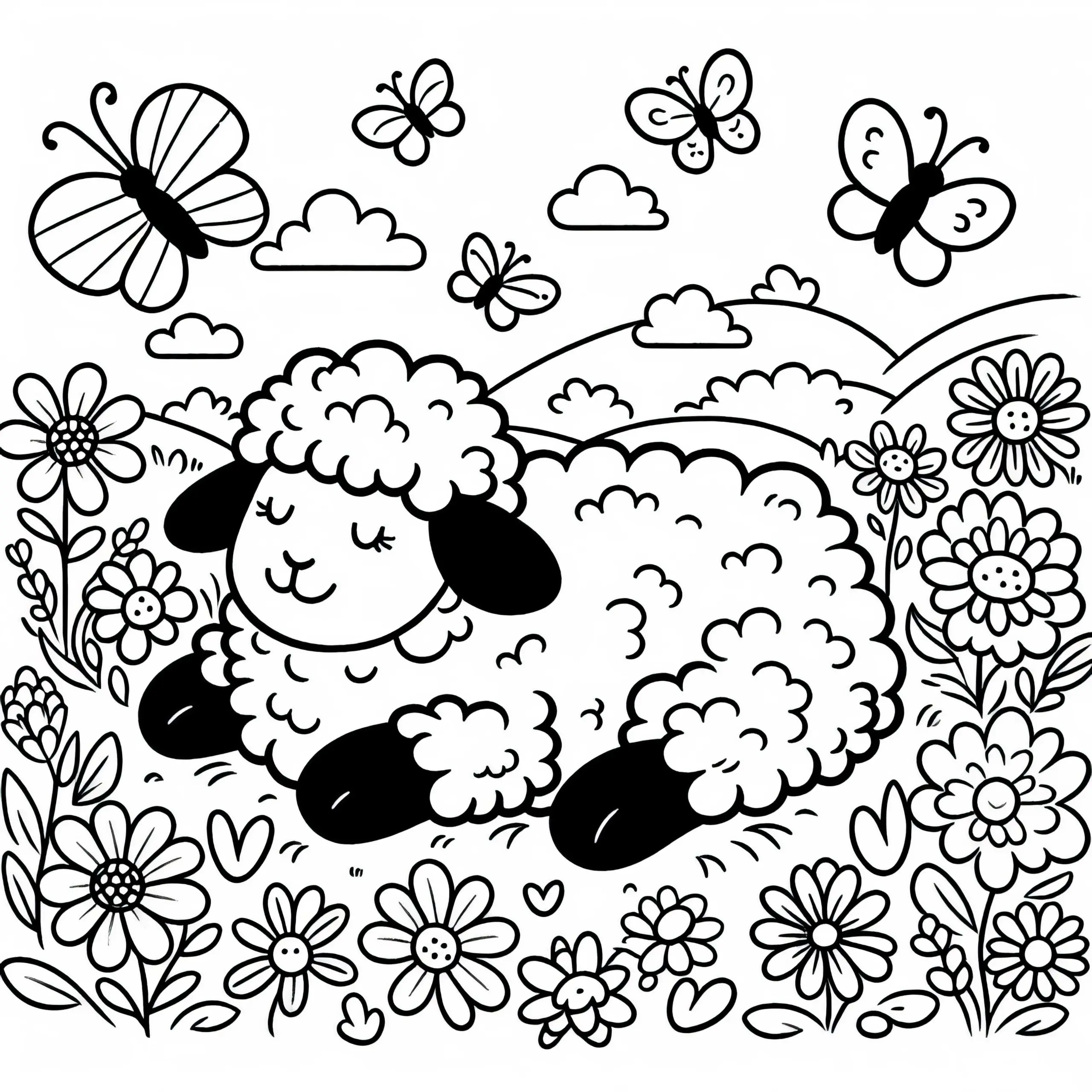 Schaf liegt auf Wiese mit Blumen und Schmetterlingen – Malvorlage kostenlos (Ausmalbild)