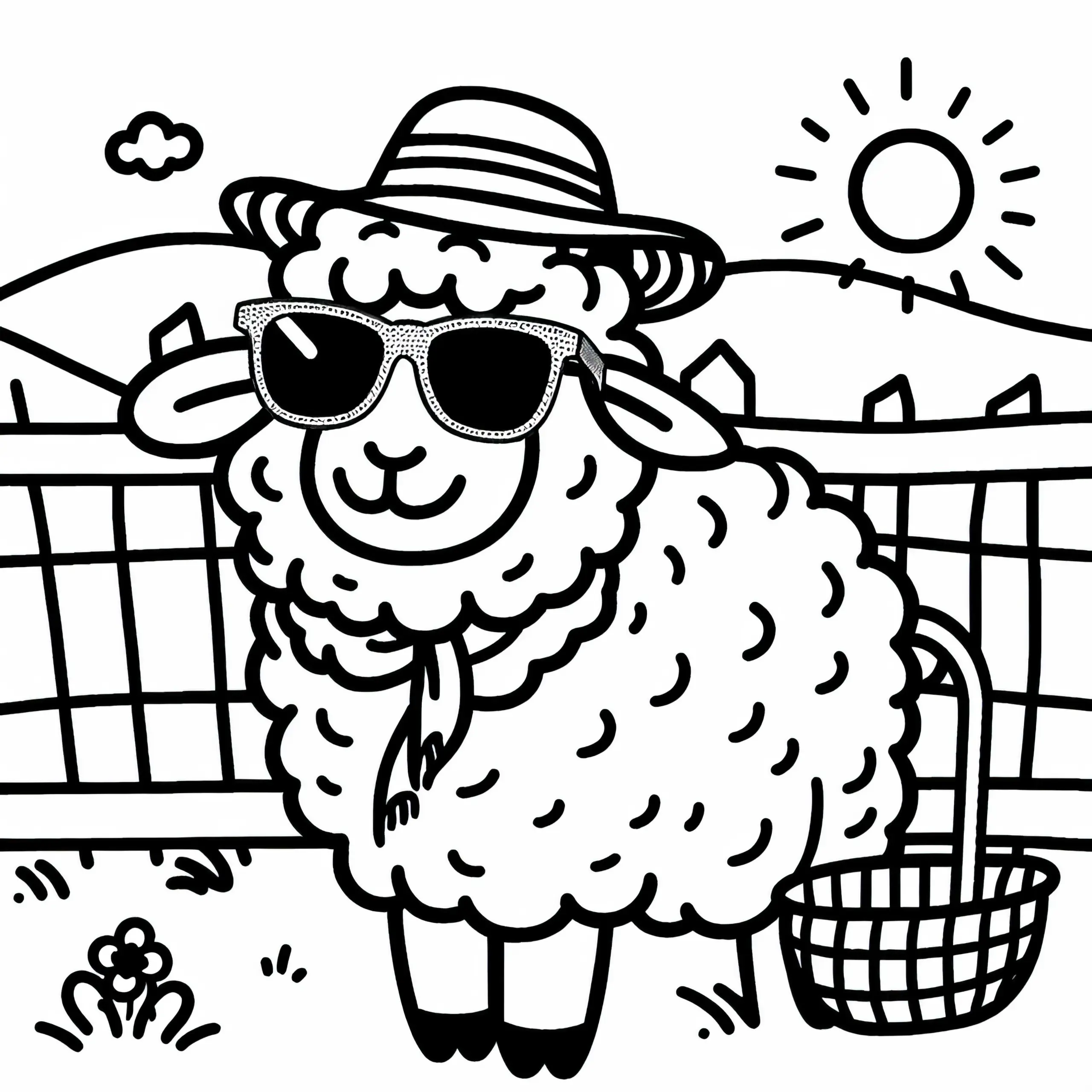 Schaf mit Sonnenbrille und Strohhut Malvorlage kostenlos (Ausmalbild)