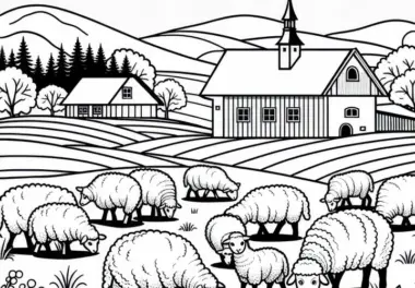 Schafe auf Weide mit Bauernhof im Hintergrund – Ausmalbild Dorflandschaft gratis