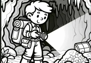 Schatzsucher untersucht Höhle mit Taschenlampe – Malvorlage gratis