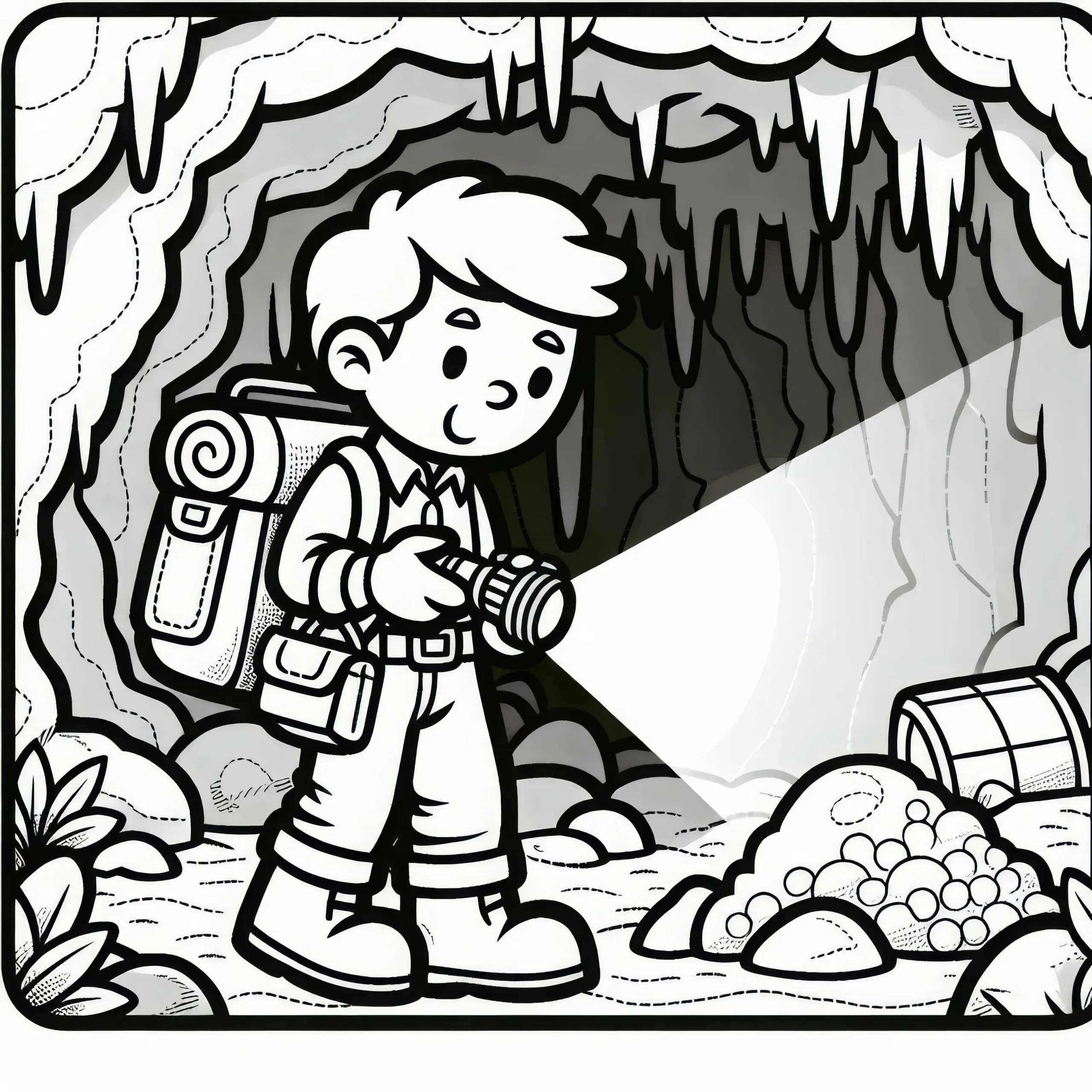Schatzsucher untersucht Höhle mit Taschenlampe – Malvorlage gratis (Ausmalbild)