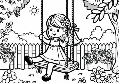 Schaukel im Garten mit lachendem Mädchen – Malvorlage für Mädchen ab drei gratis