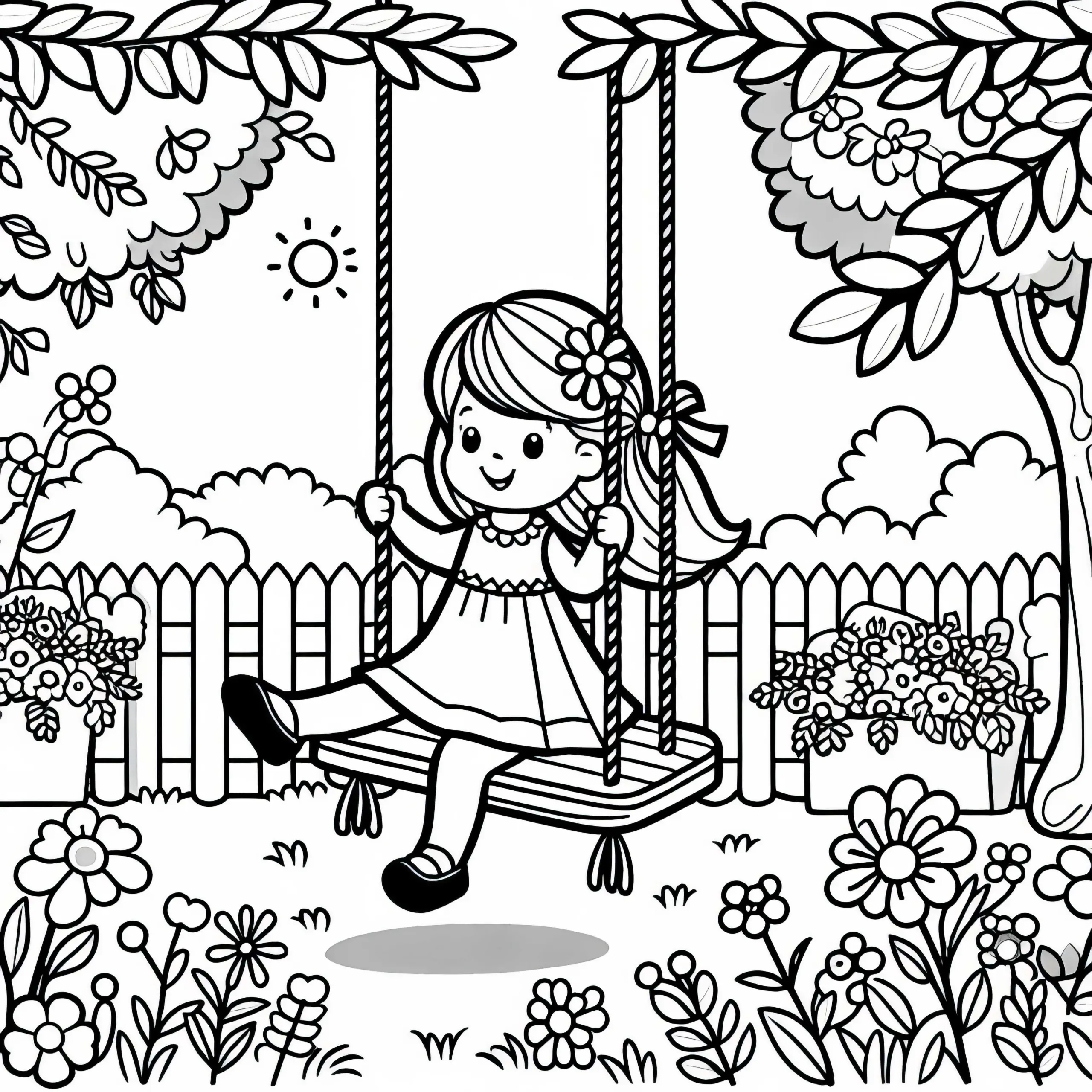 Schaukel im Garten mit lachendem Mädchen – Malvorlage für Mädchen ab drei gratis (Ausmalbild)