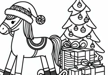 Schaukelpferd mit Weihnachtsmütze steht neben Weihnachtsgeschenken – Ausmalbild gratis
