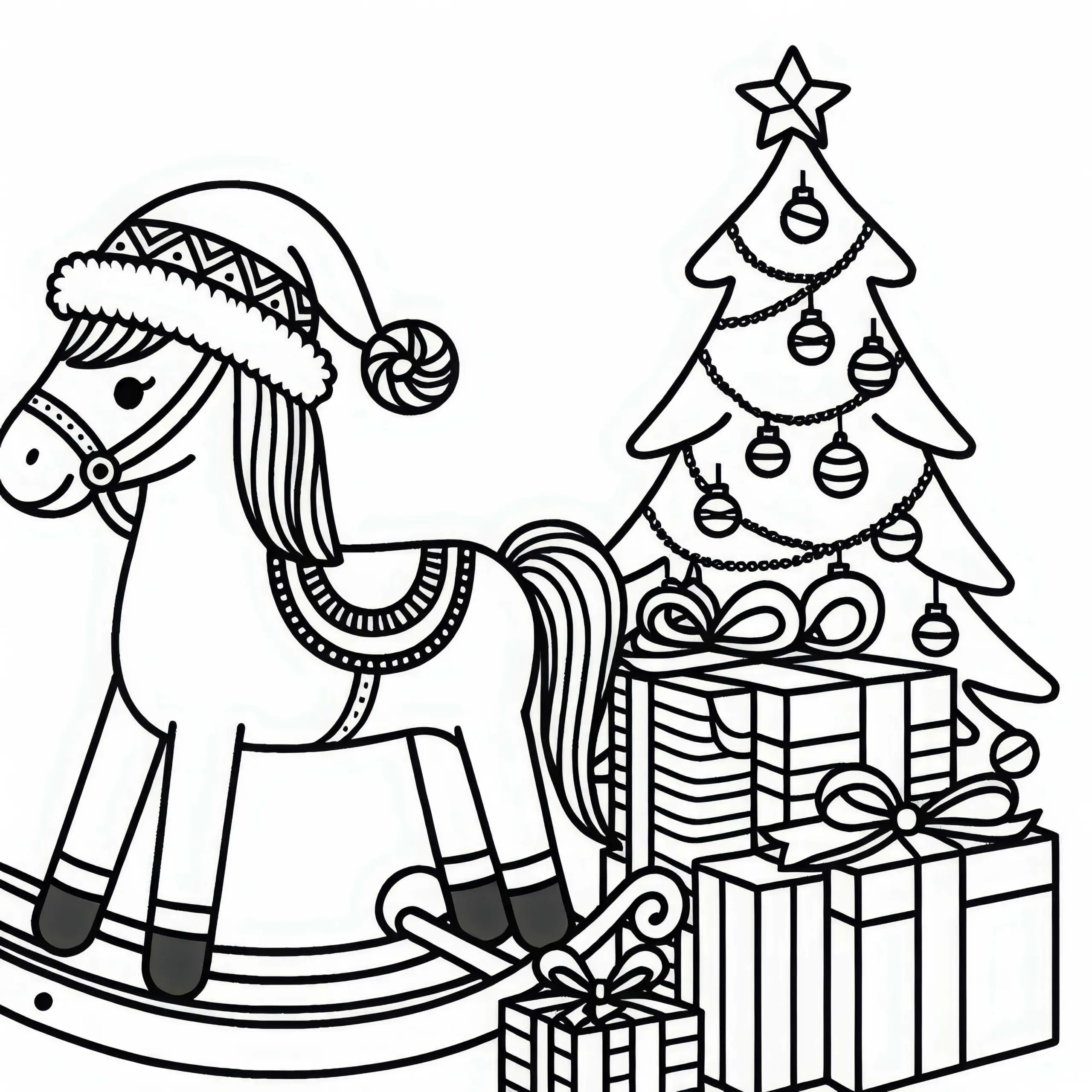 Schaukelpferd mit Weihnachtsmütze steht neben Weihnachtsgeschenken – Ausmalbild gratis