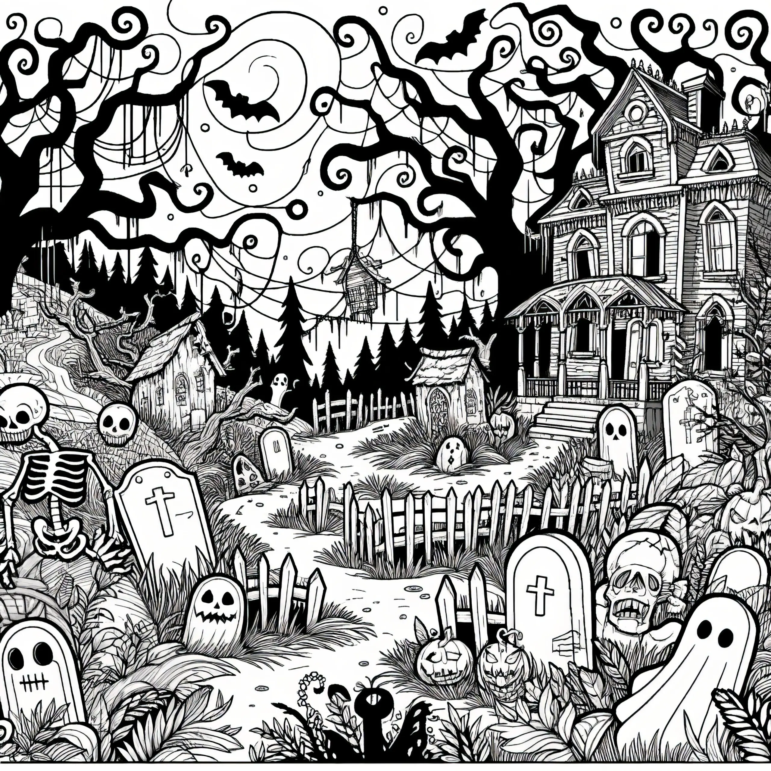 Schauriger Friedhof und Geisterhaus: Halloween Malvorlage zum Download (Kostenlos) (Ausmalbild)