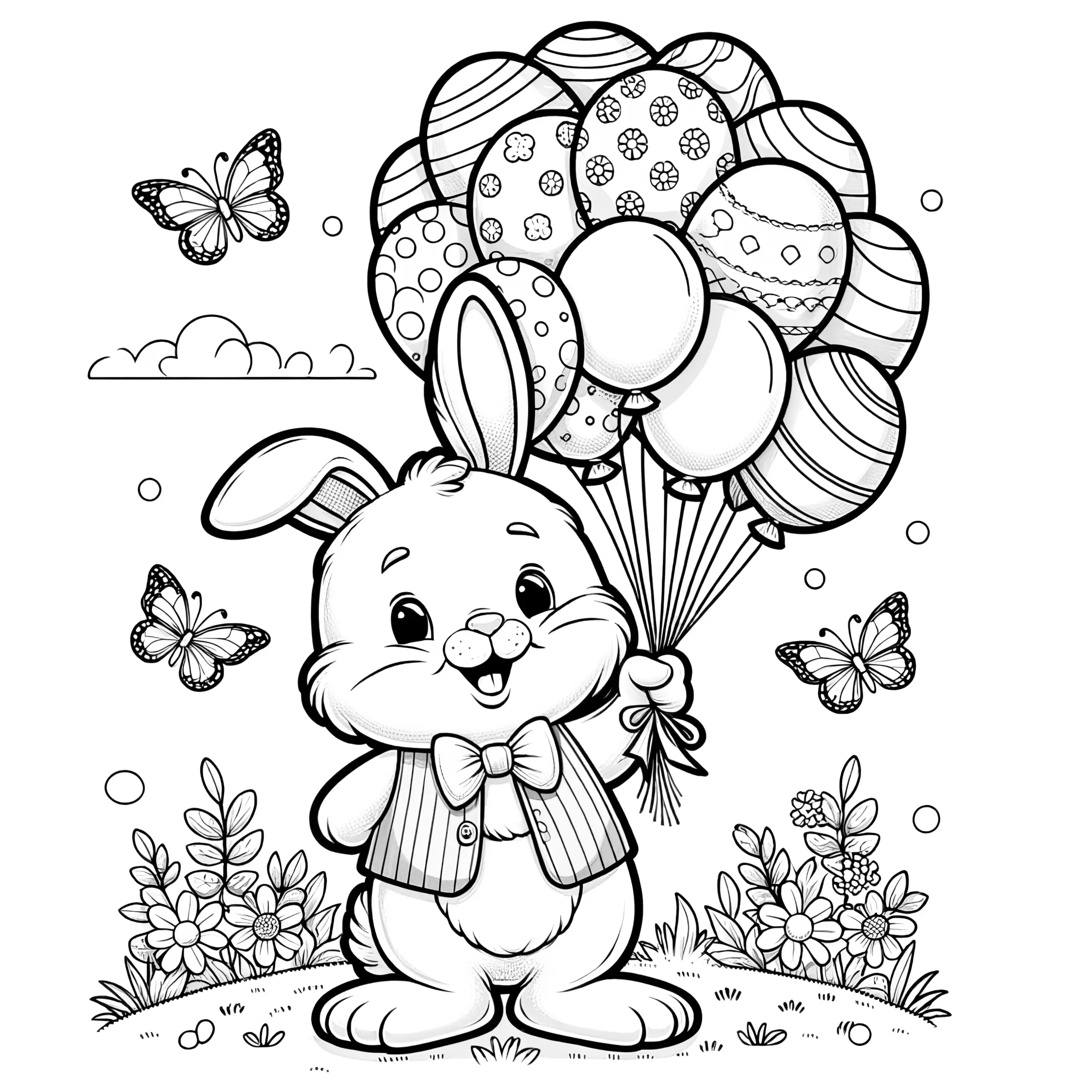 Schicker Osterhase mit Luftballons und Schmetterlingen: Malvorlage zum Download (Kostenlos) (Ausmalbild)