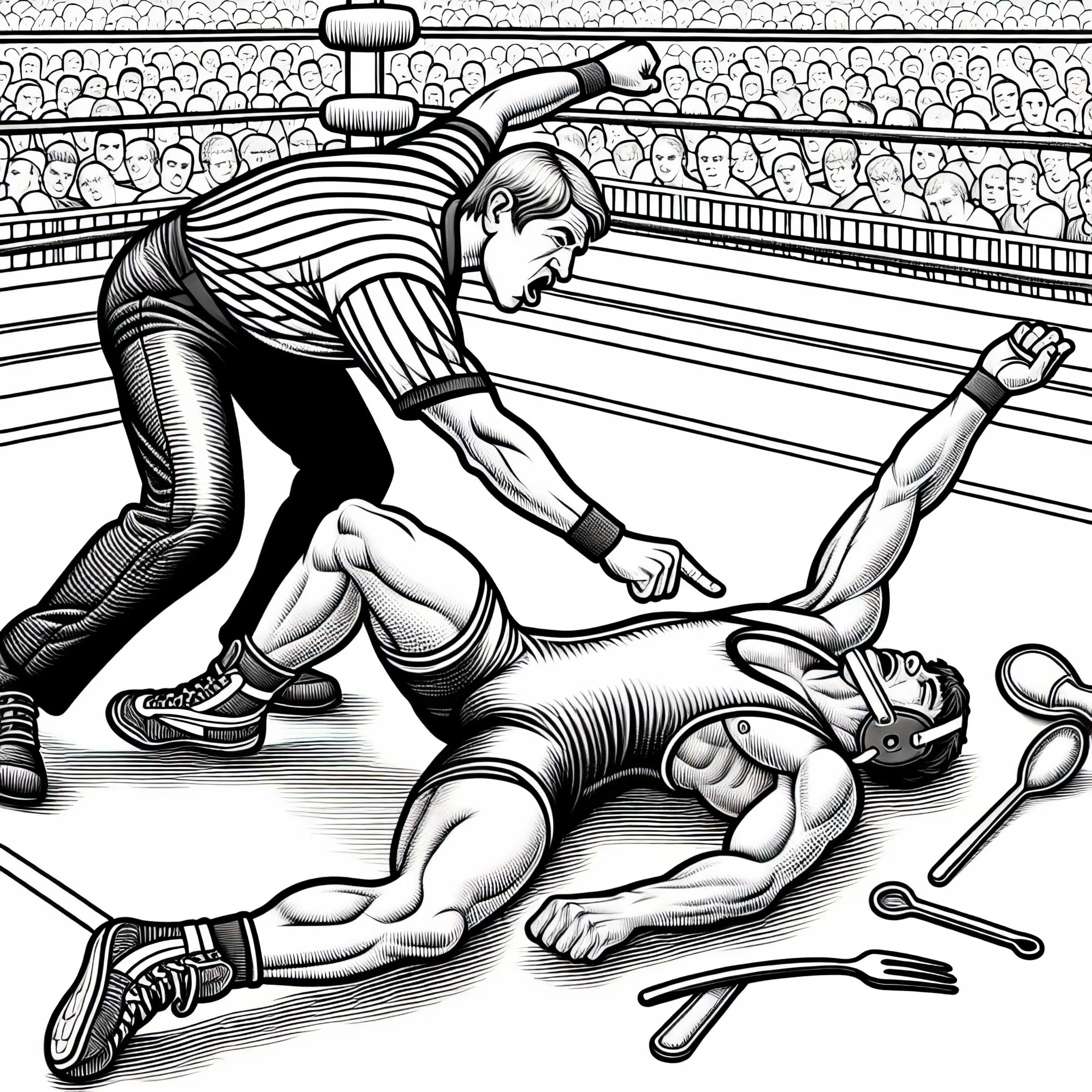Schiedsrichter zählt Wrestler an – Malvorlage detailreich kostenlos (Ausmalbild)
