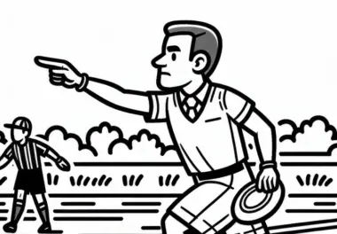 Schiedsrichter zeigt beim Ultimate Frisbee auf das Spielfeld für gültigen Punkt – Ausmalbild gratis