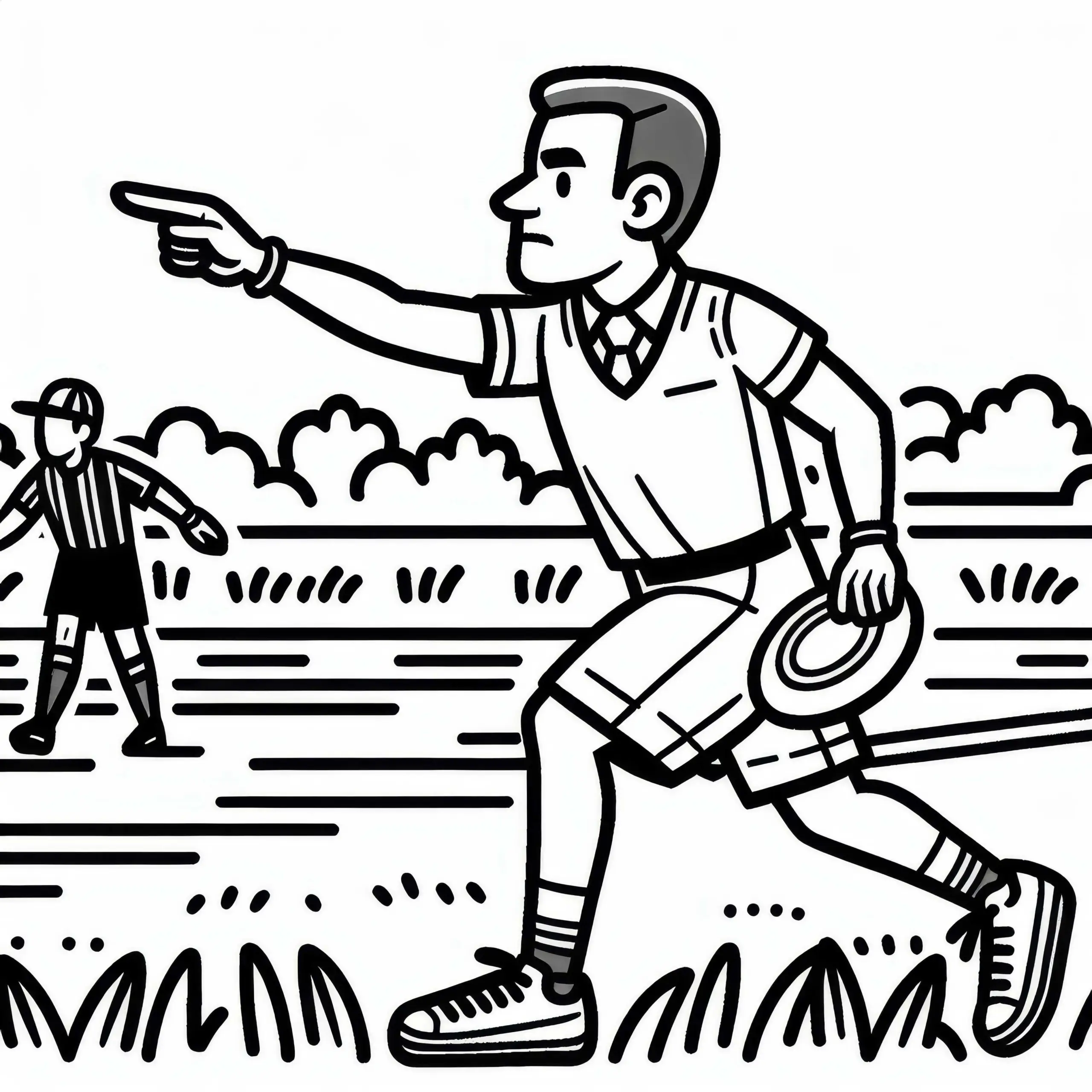 Schiedsrichter zeigt beim Ultimate Frisbee auf das Spielfeld für gültigen Punkt – Ausmalbild gratis