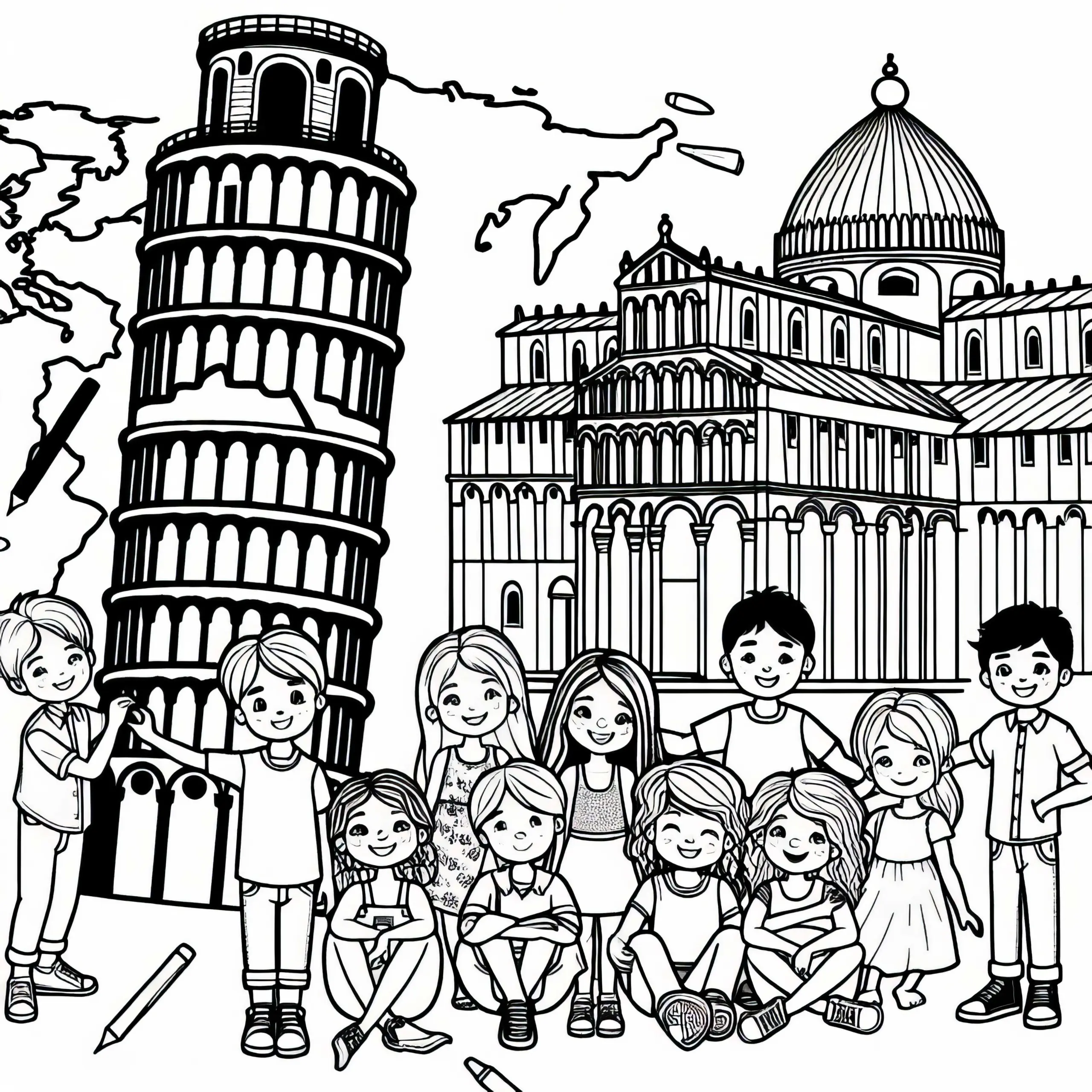Der schiefe Turm von Pisa in Italien – Malvorlage für Europa (Ausmalbild)