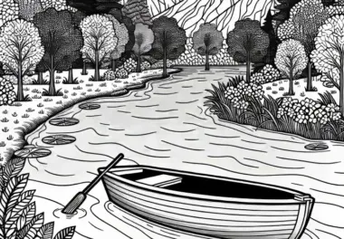 Schiff auf dem Fluss – Ausmalbild kostenlos