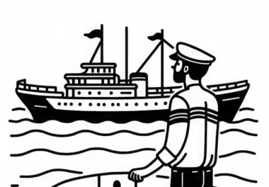 Schiffskapitän schaut auf sein Schiff – Malvorlage einfach und gratis