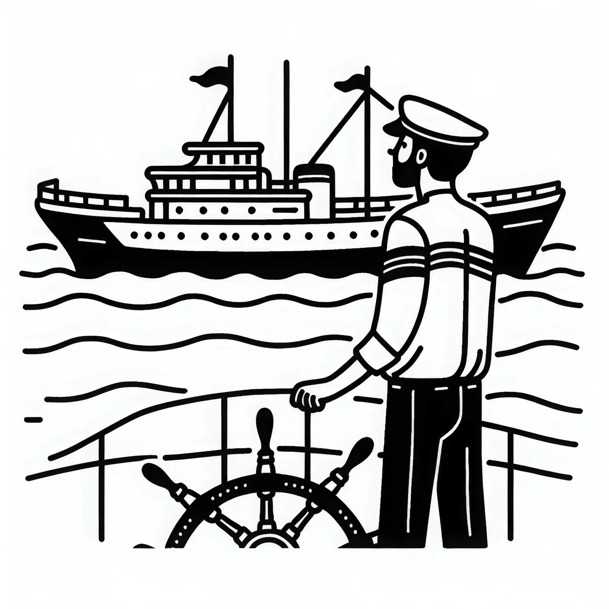 Schiffskapitän schaut auf sein Schiff – Malvorlage einfach und gratis (Ausmalbild)