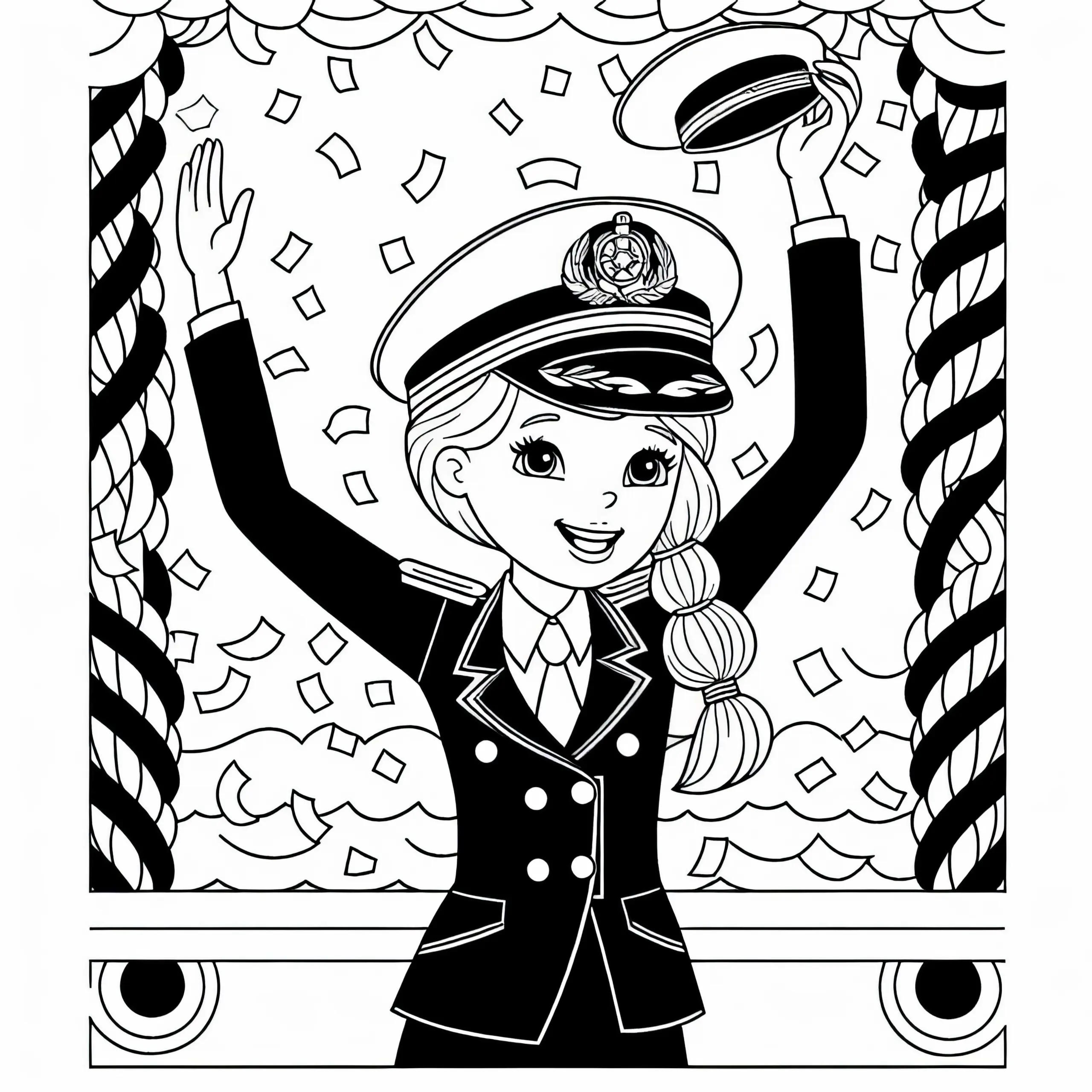 Schiffskapitänin bei Feier auf dem Schiff in Gala-Uniform – Ausmalbild kostenlos