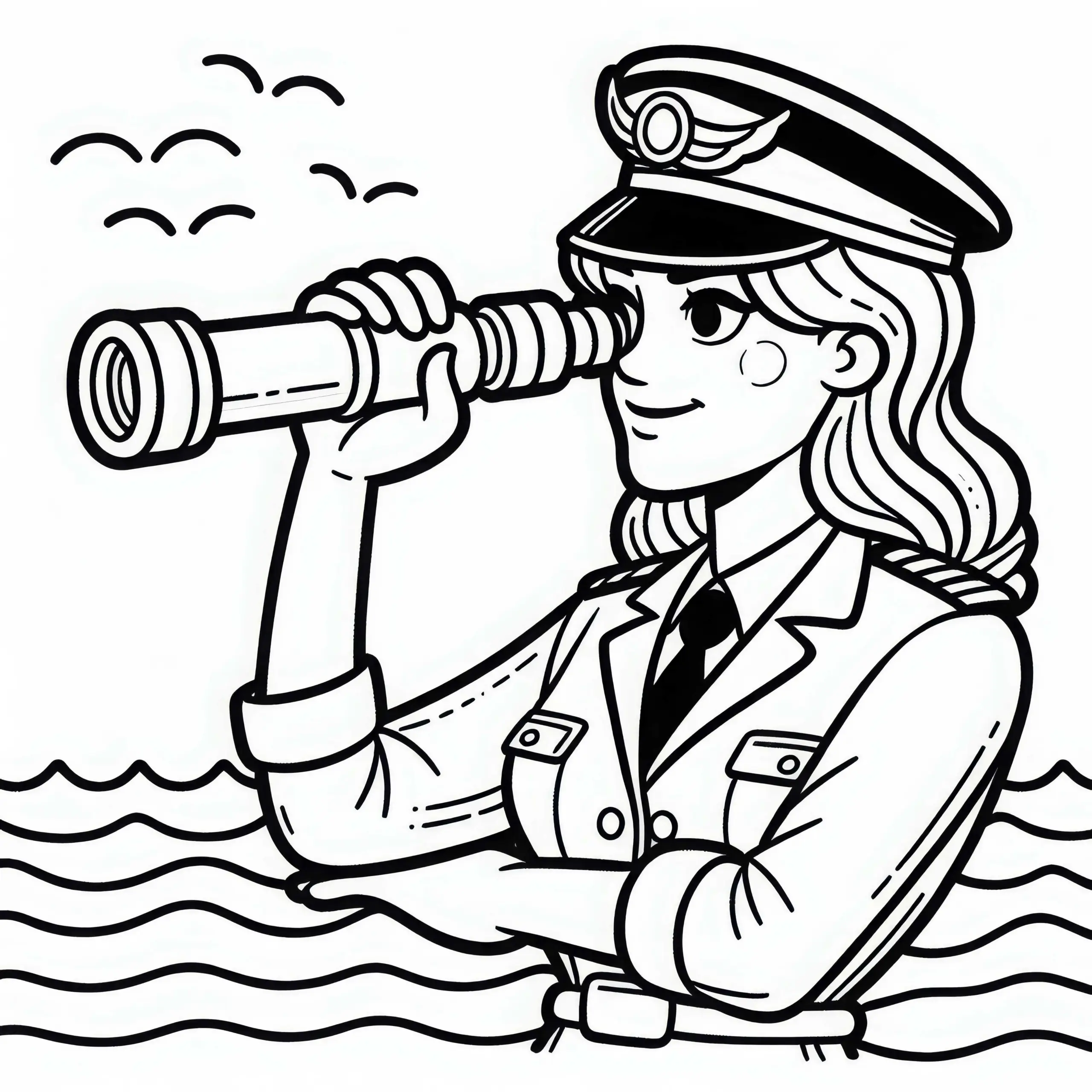 Schiffskapitänin schaut mit Fernglas in die Ferne – Malvorlage kostenlos (Ausmalbild)