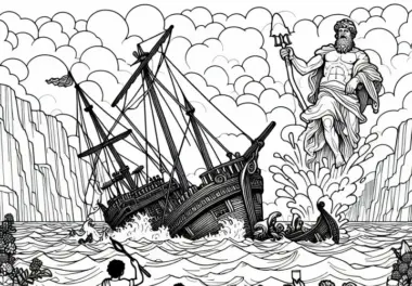 Schiffswrack, das von Poseidon zerschmettert wurde – Malvorlage Odyssee von Homer kostenlos