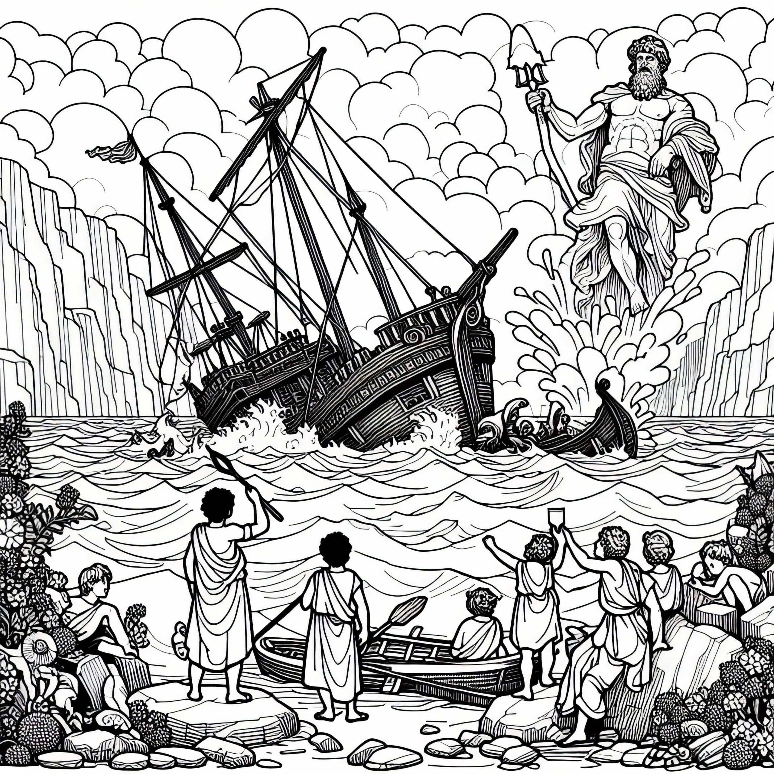 Schiffswrack, das von Poseidon zerschmettert wurde – Malvorlage Odyssee von Homer kostenlos (Ausmalbild)