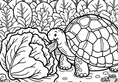 Eine Schildkröte frisst ein großes Salatblatt im Gemüsegarten – Ausmalbild kostenlos