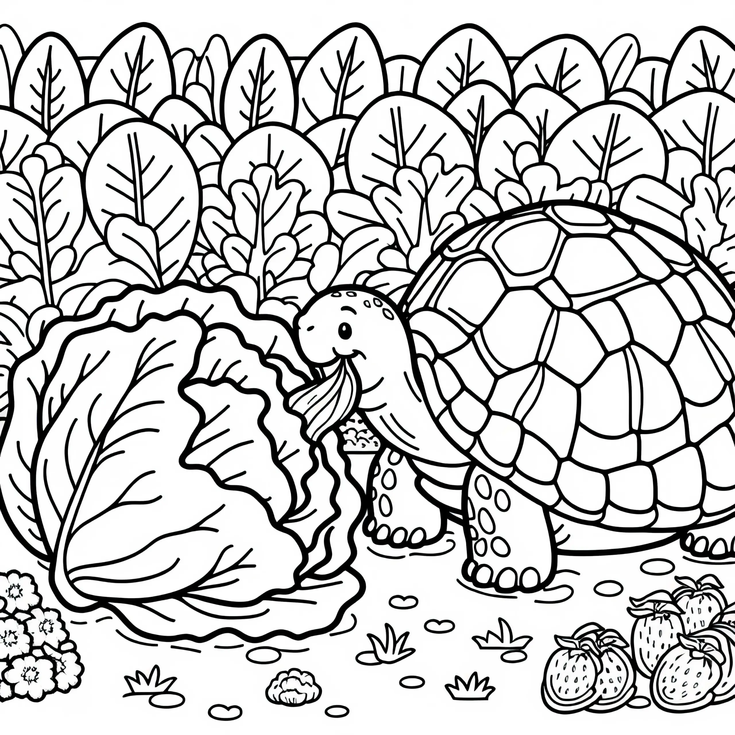 Eine Schildkröte frisst ein großes Salatblatt im Gemüsegarten – Ausmalbild kostenlos