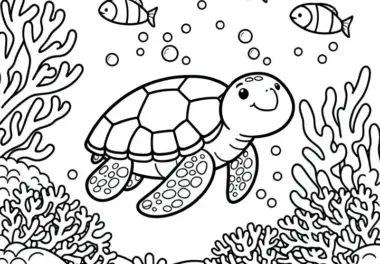Schildkröte gleitet zwischen Korallen – Ausmalbild gratis