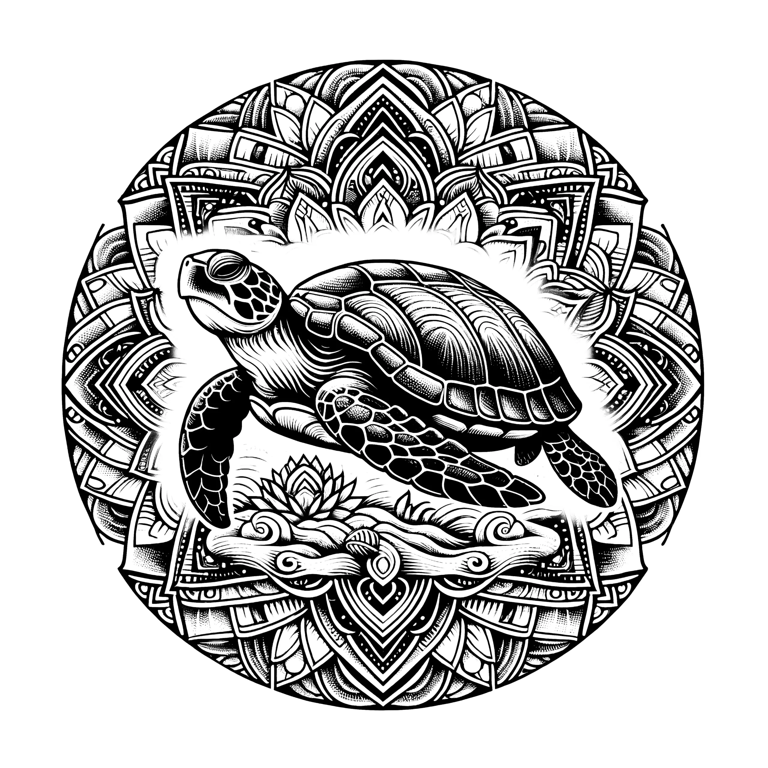 Schildkröte-Mandala im Kreis: Gratis zum Ausdrucken (Ausmalbild)