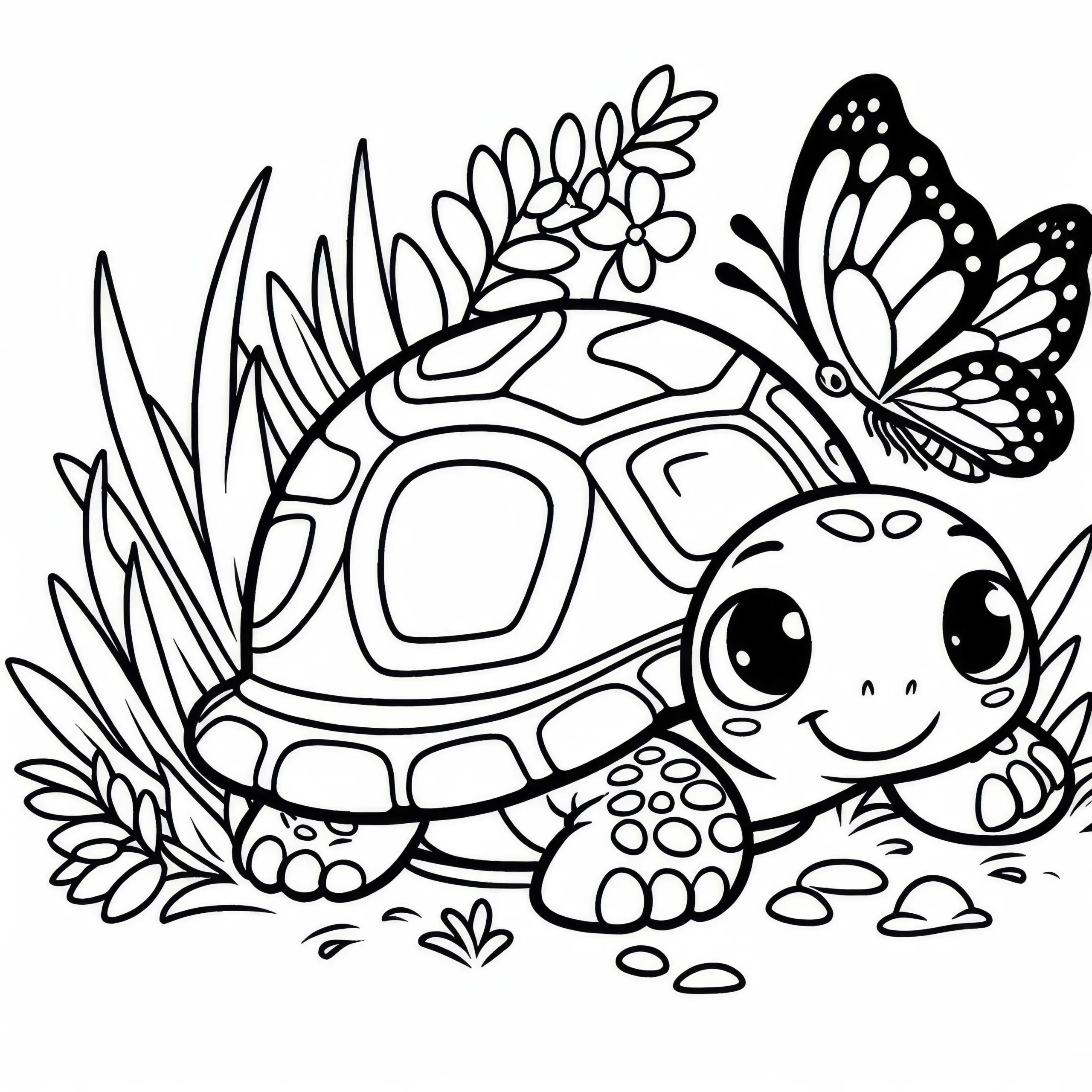Schildkröte und Schmetterling landen auf ihr – Malvorlage zum Ausmalen (Ausmalbild)