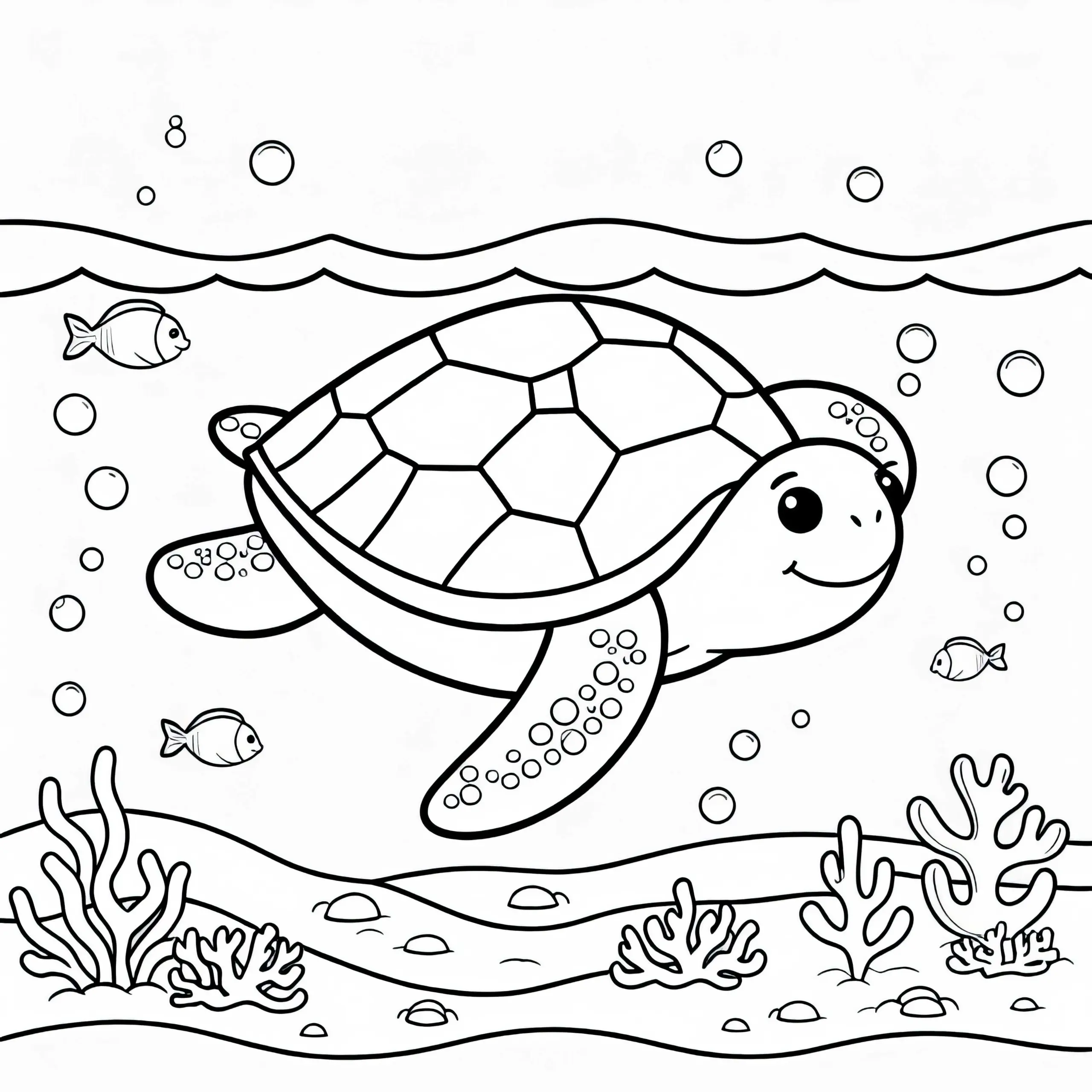 Schildkröte schwimmt durch das Meerwasser – Ausmalbild kostenlos