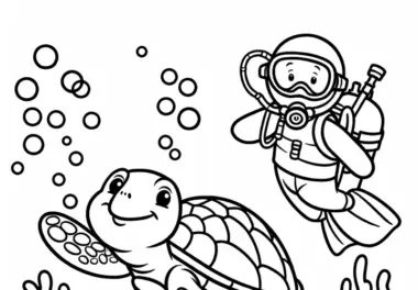 Schildkröte schwimmt neben Taucher – Ausmalbild gratis