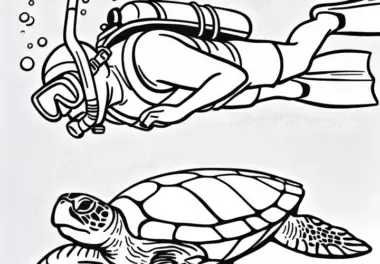 Schildkröte schwimmt neugierig unter Schnorchler – Ausmalbild kostenlos